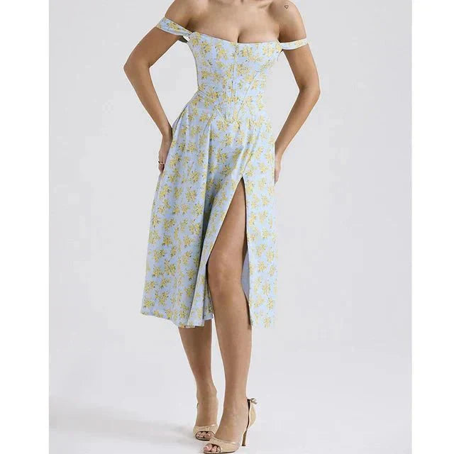 Floral Midi Dress with Corset Bodice - Feminine Fit and Flare