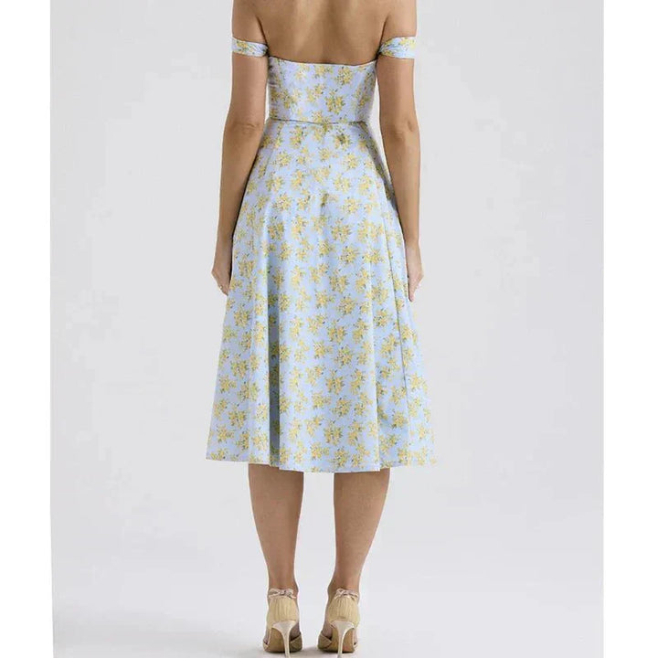 Floral Midi Dress with Corset Bodice - Feminine Fit and Flare