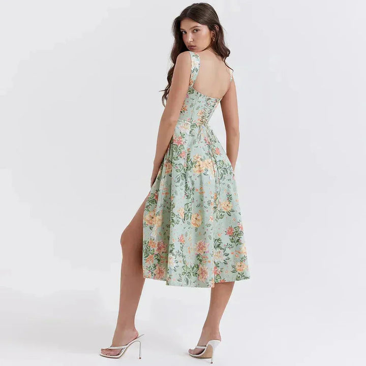 Floral Midi Dress with Corset Bodice - Feminine Fit and Flare