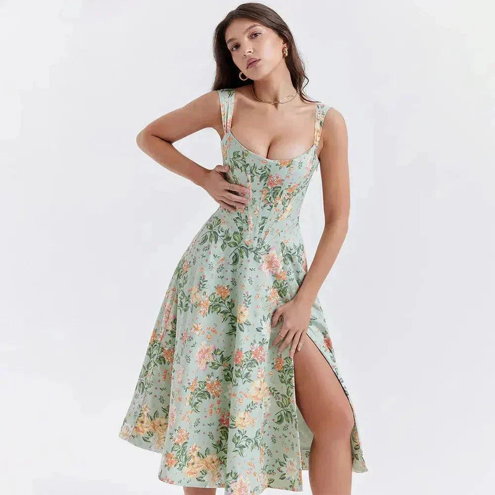 Floral Midi Dress with Corset Bodice - Feminine Fit and Flare