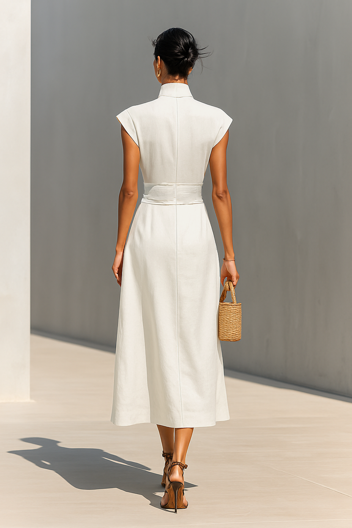 Cotton Maxi Dress with Lapel Collar and Cap Sleeves