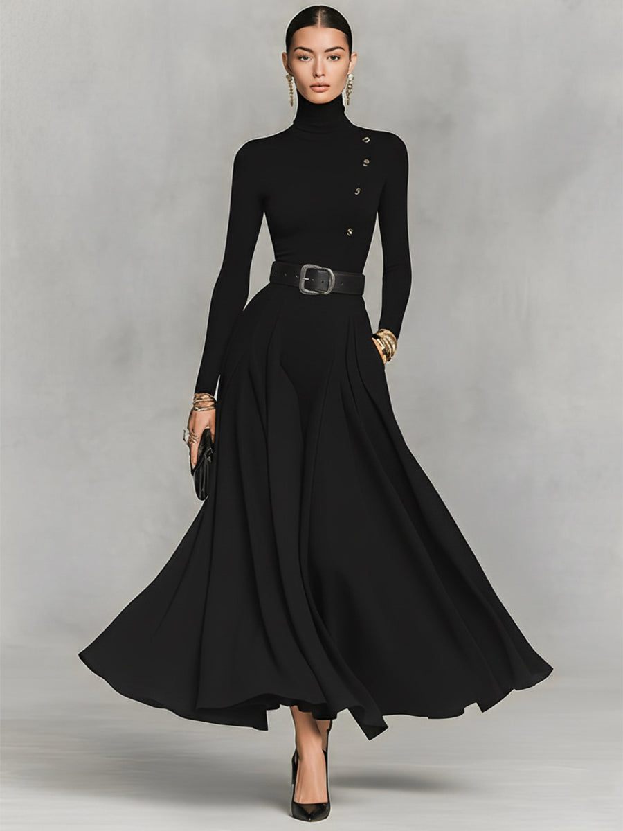 Black Knit Maxi Dress with High Neck and Button Detail