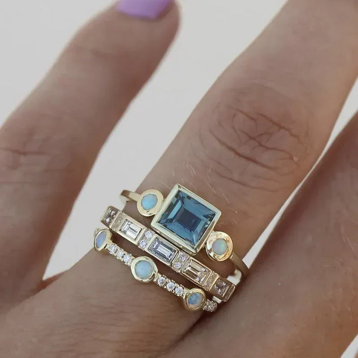 Gold Ring Set with Azure Blue Stones | Stackable Rings