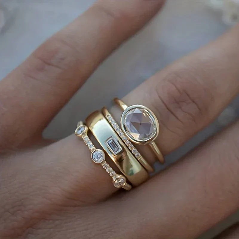 Gold Ring Set - Vintage Zirconia Stacking Rings for Women