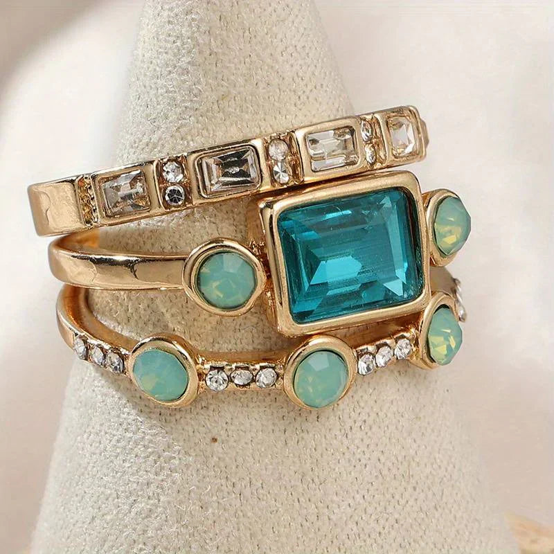 Gold Ring Set with Azure Blue Stones | Stackable Rings