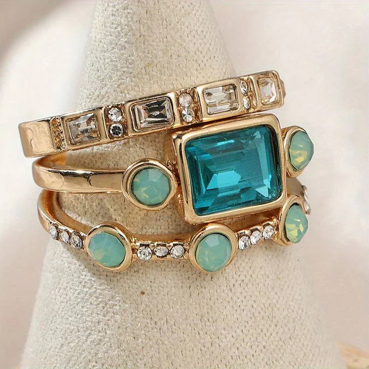 Gold Ring Set with Azure Blue Stones | Stackable Rings