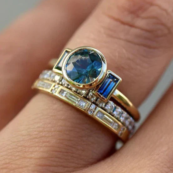 Gold Ring Set with Antique Blue Stone | Elegant Stackable Rings