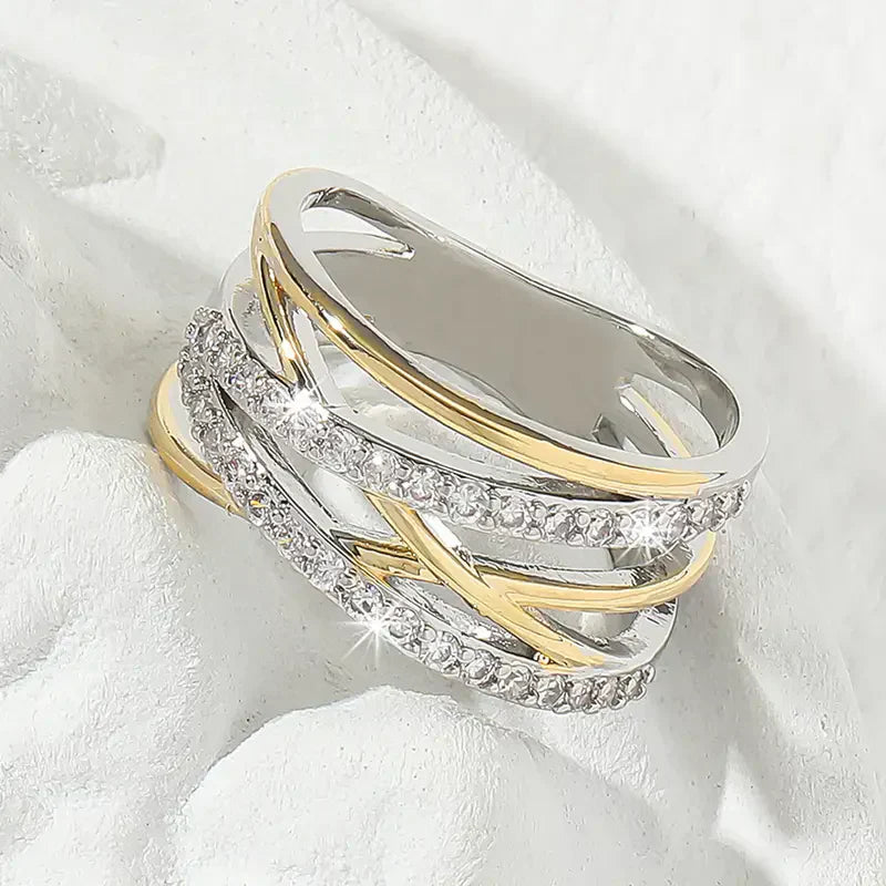 Two Tone Ring Mixed Gold and Silver Zirconia Statement Ring
