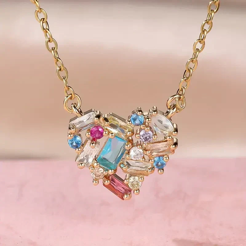 Heart Pendant Necklace Gold Plated Colorful Enamel Chain