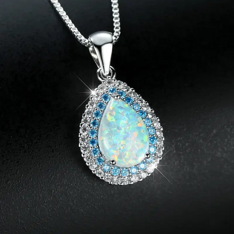 Blue Opal Drop Necklace | White Gold Elegant Statement Jewelry