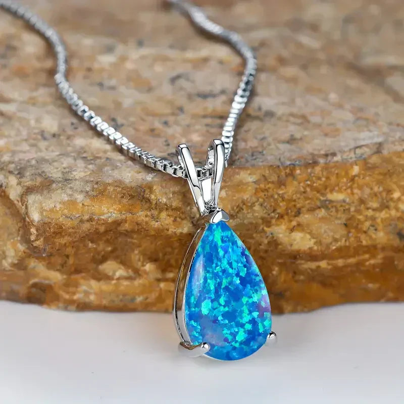 Teardrop Necklace White Gold with Azure Opal Gemstone Pendant