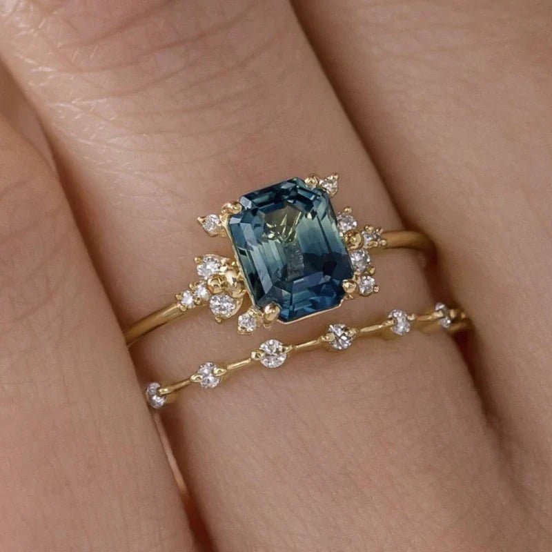Crystal Ring Set | Blue Stone Gold Stackable Rings for Women