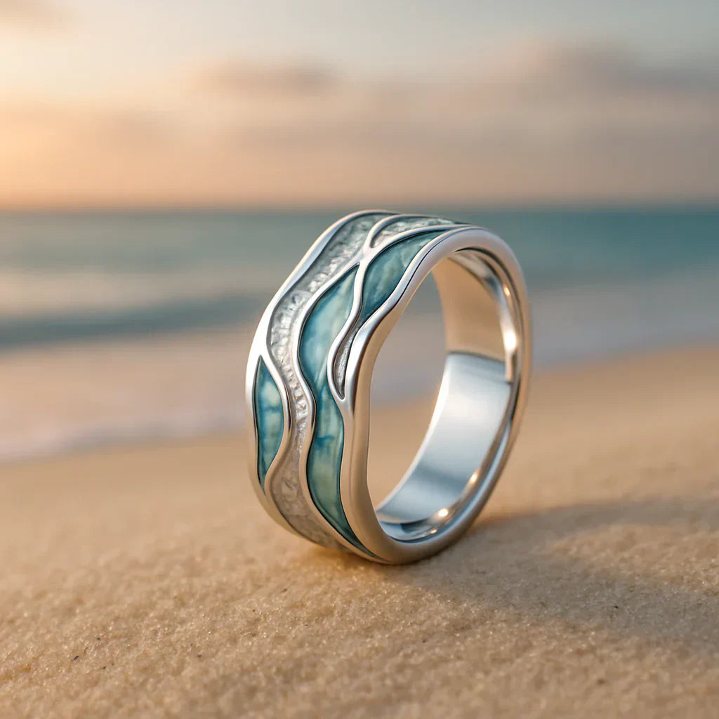 White Gold Ripple Ring | Seasilver Wave Design Statement Ring