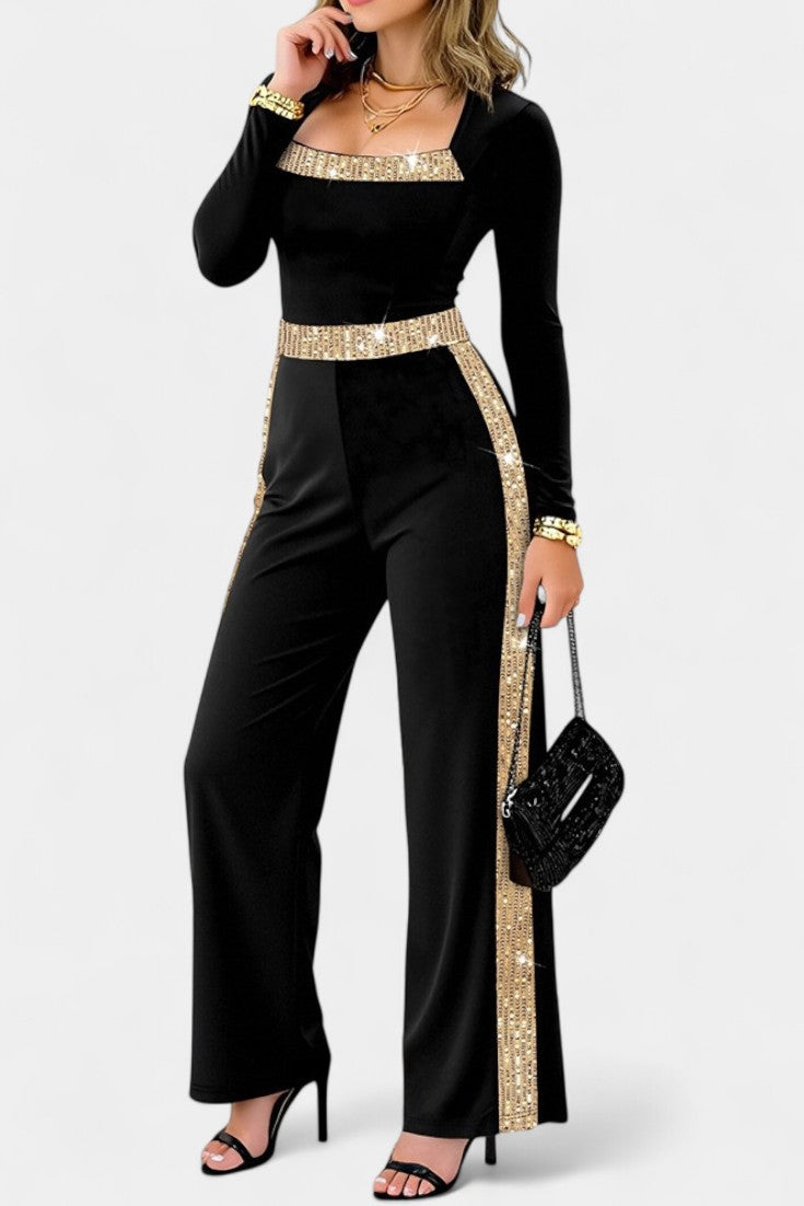 Sequin Jumpsuit Wide Leg with Bow Detail - Evening Formal Wear