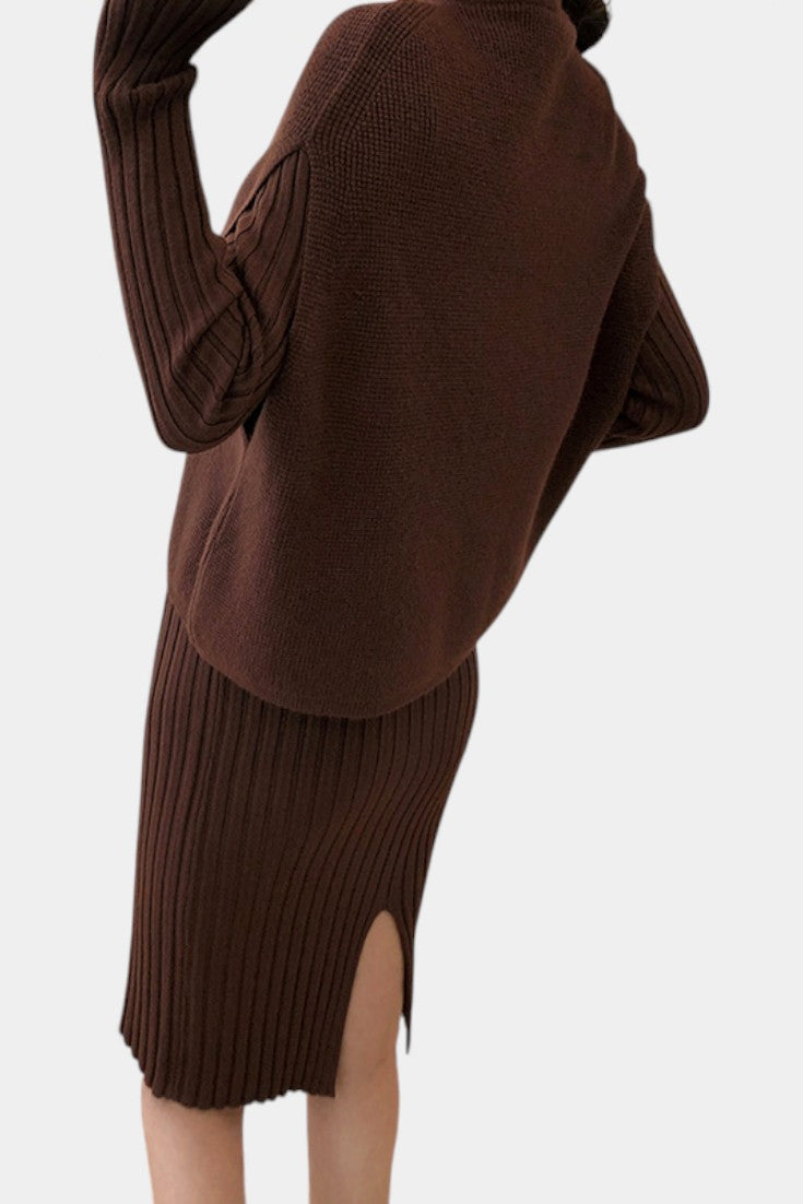 Two Piece Knit Set for Women - Long Sleeve Top and Midi Skirt