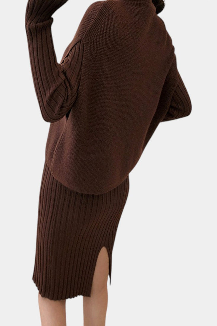Two Piece Knit Set for Women - Long Sleeve Top and Midi Skirt