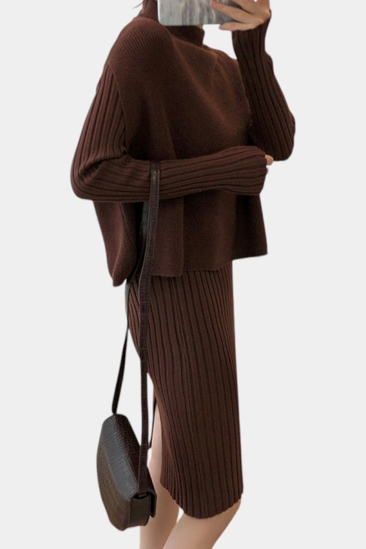 Two Piece Knit Set for Women - Long Sleeve Top and Midi Skirt
