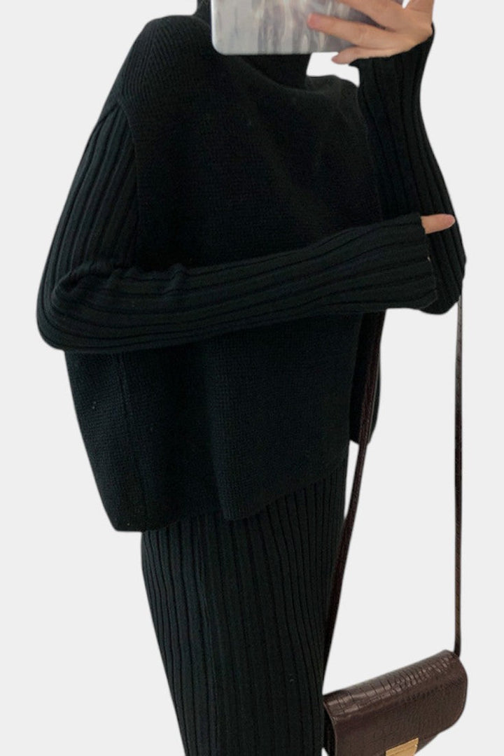 Two Piece Knit Set for Women - Long Sleeve Top and Midi Skirt
