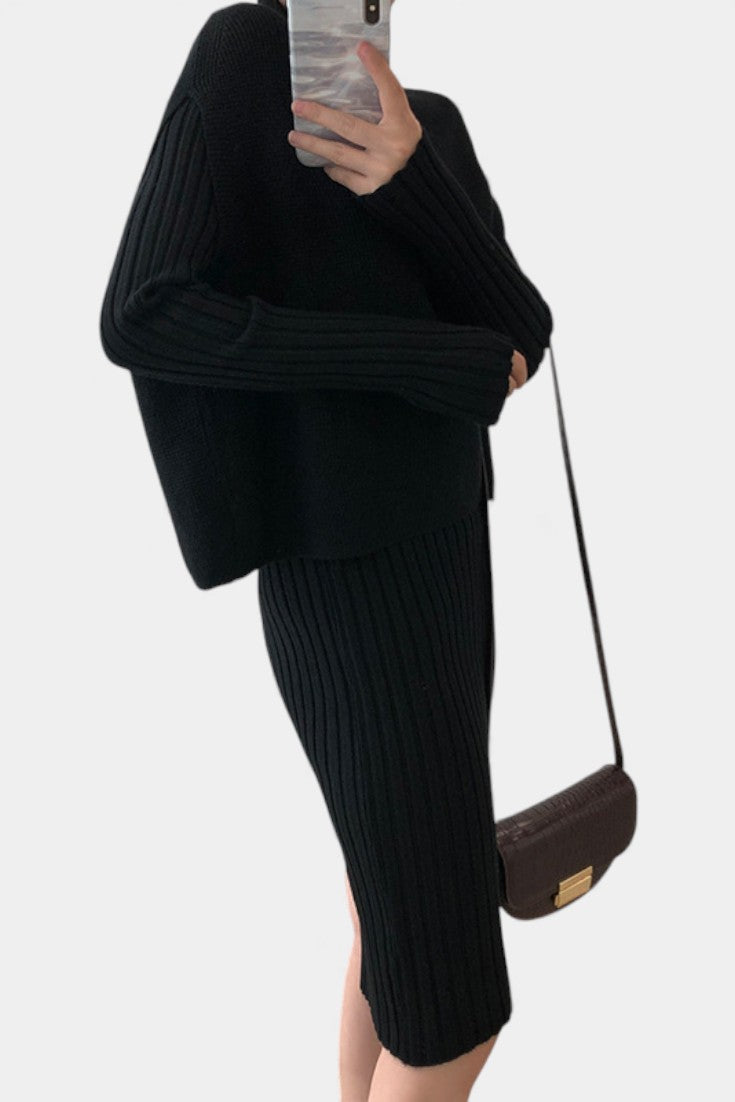 Two Piece Knit Set for Women - Long Sleeve Top and Midi Skirt
