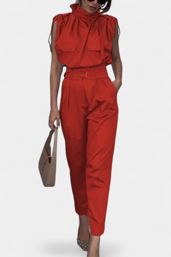 Belted Jumpsuit with Ruffled Collar and Straight Leg
