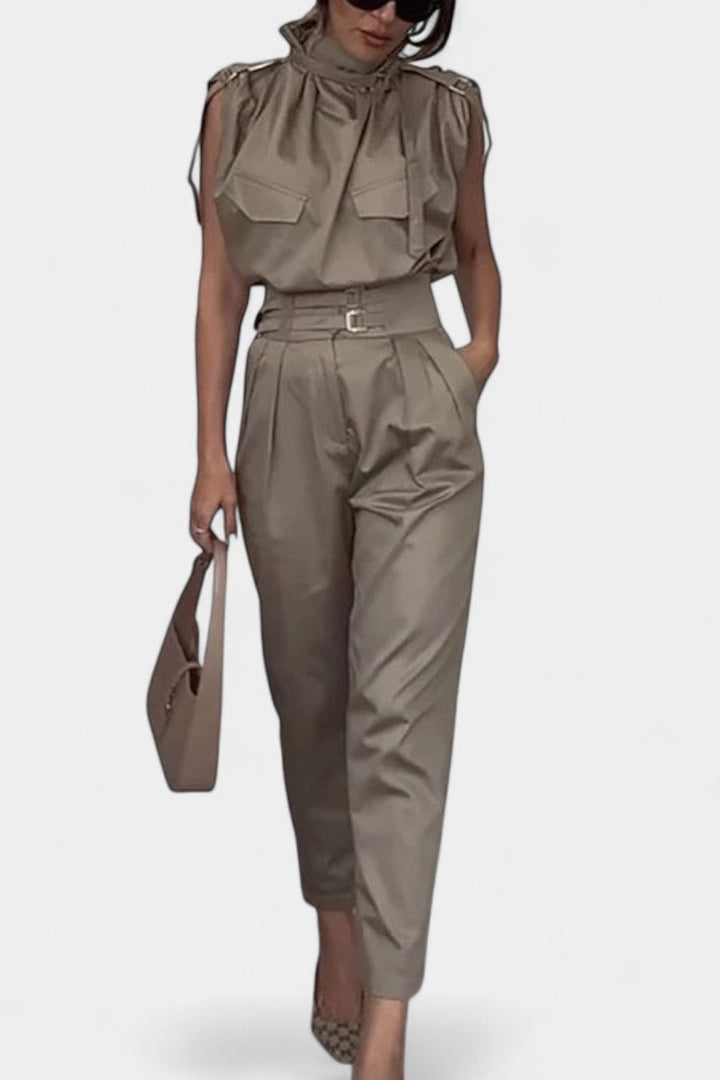 Belted Jumpsuit with Ruffled Collar and Straight Leg