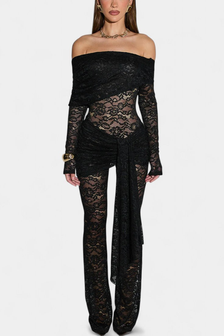 Lace Bardot Top and Ruffled Mini Skirt Set for Women