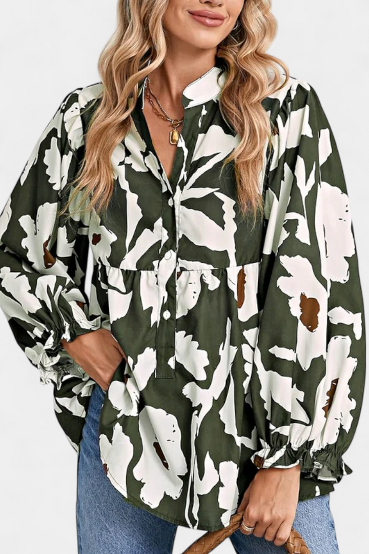 Puff Sleeve Blouse with Abstract Floral Print - Relaxed Fit Top