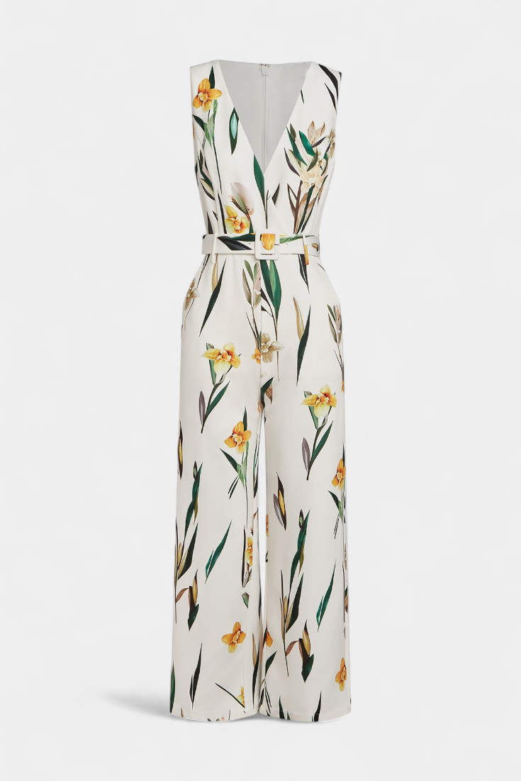 White V-Neck Jumpsuit with Belt - Elegant Summer Outfit