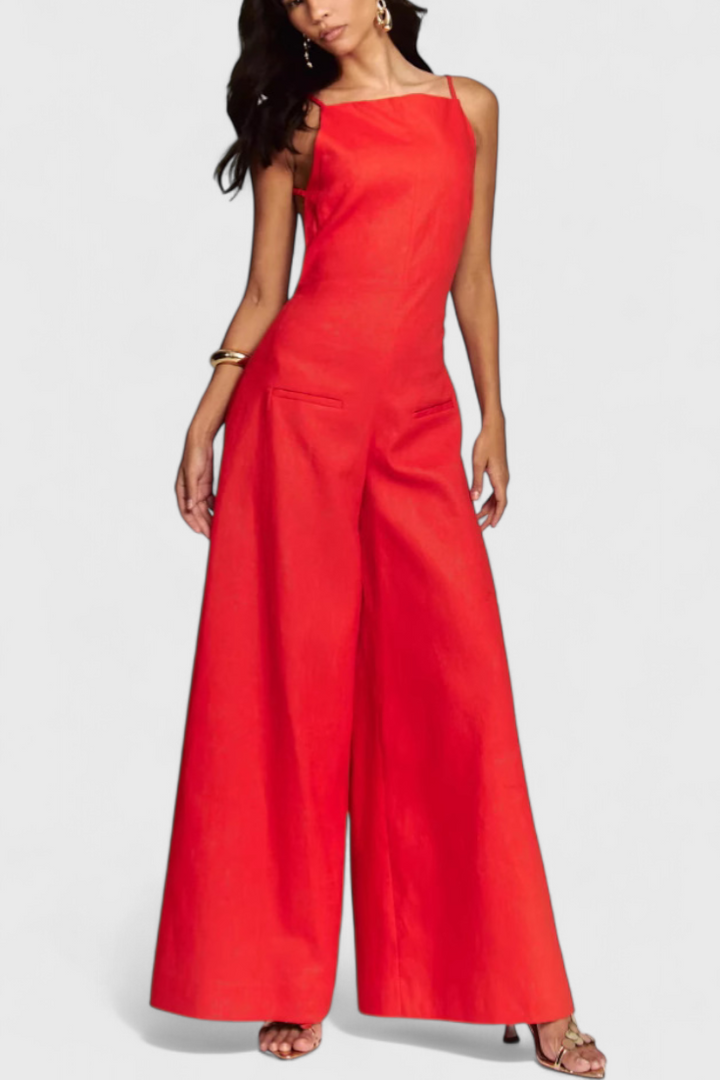 Wide Leg Halter Jumpsuit - Elegant Ramie Summer Outfit