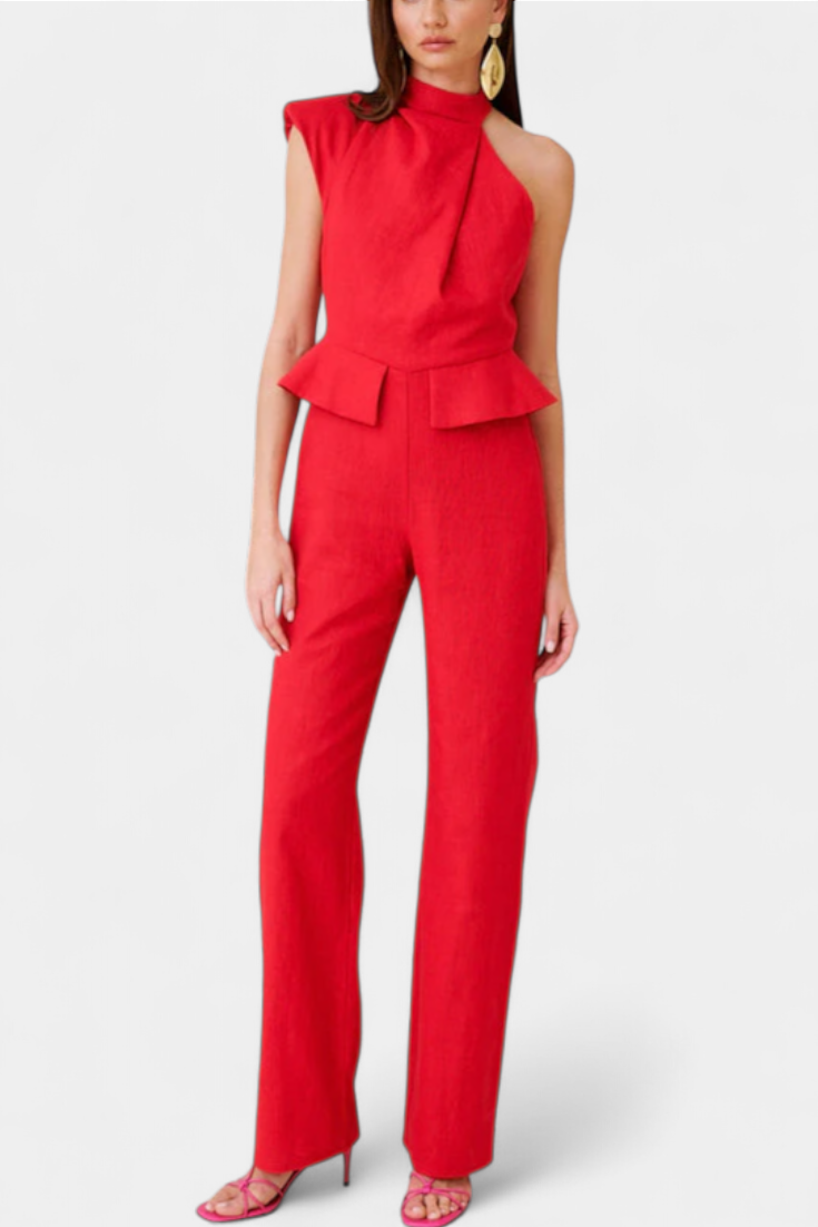 Linen Jumpsuit Women Asymmetrical Shoulder Summer Outfit