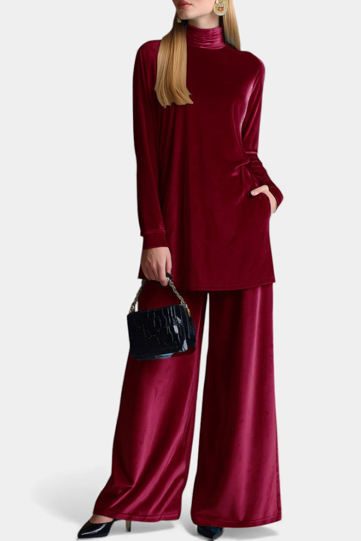 Velvet High Collar Top and Split Pants Set for Women
