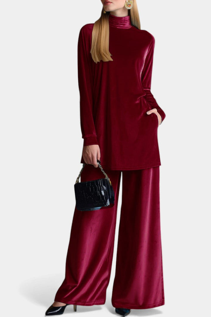 Velvet High Collar Top and Split Pants Set for Women