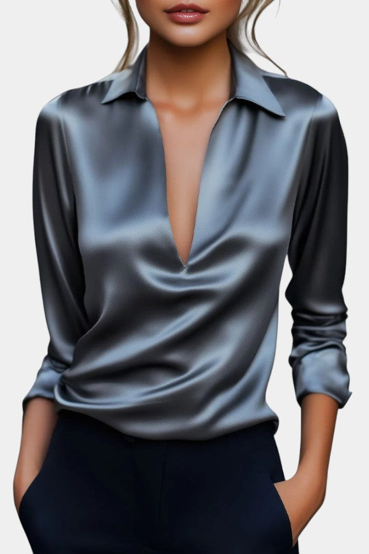 Silver Satin Blouse with Plunging Neckline - Elegant Loose Fit Top