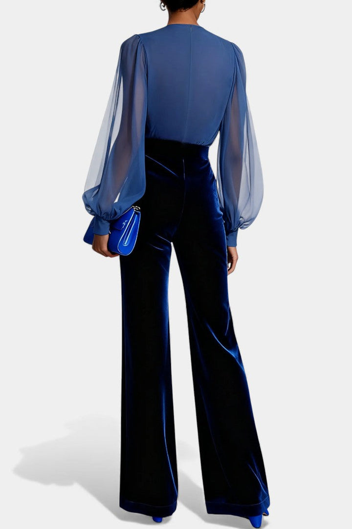 Velvet Jumpsuit for Women - V-Neck Long Sleeve Blue Formal Jumpsuit