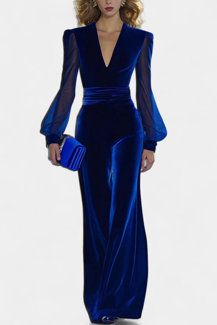 Velvet Jumpsuit for Women - Long Sleeve V-Neck Evening Jumpsuit