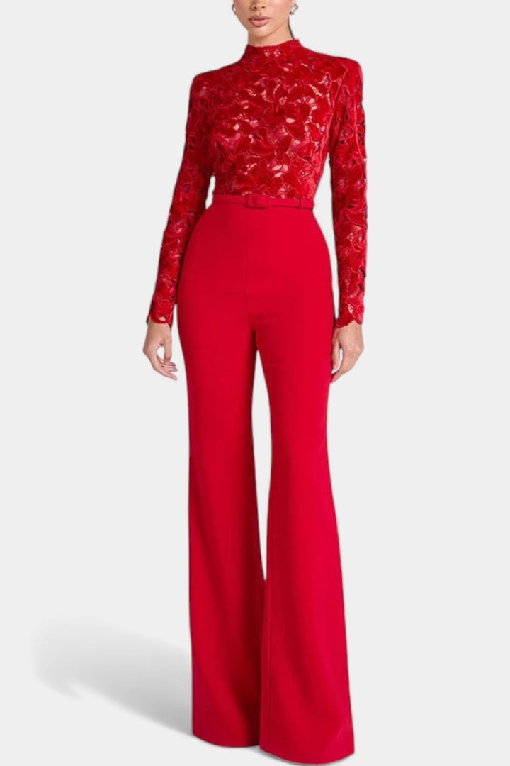 High Neck Lace Jumpsuit - Elegant Long Sleeve Formal Jumpsuit