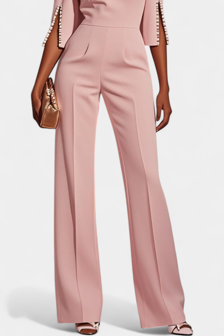 Three-Quarter Sleeve Jumpsuit with Pearl Button Detail