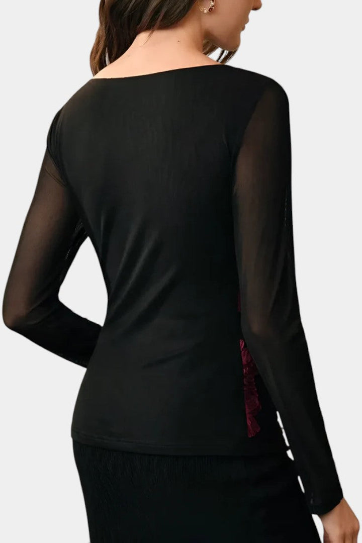 Floral Textured Blouse with Boat Neck - Long Sleeve Top for Women