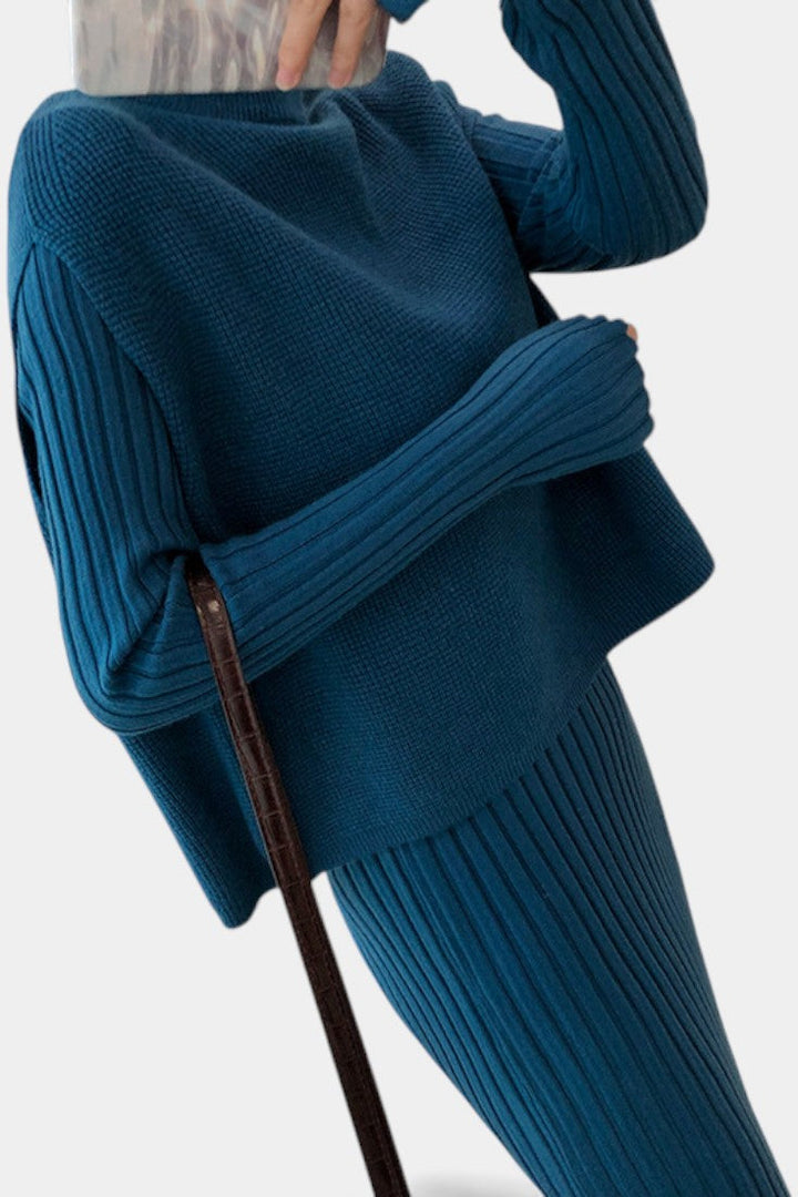 Two Piece Knit Set for Women - Long Sleeve Top and Midi Skirt