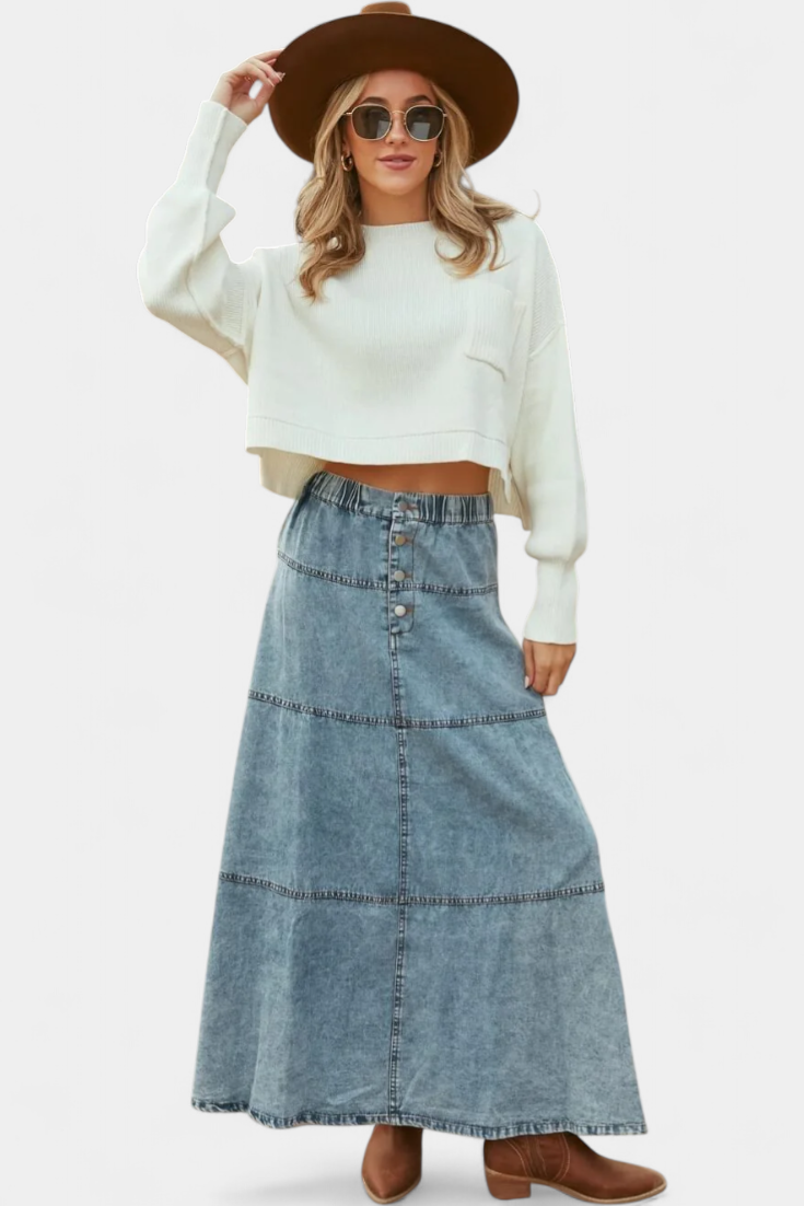 Long Denim Skirt with Feather Trim Detail