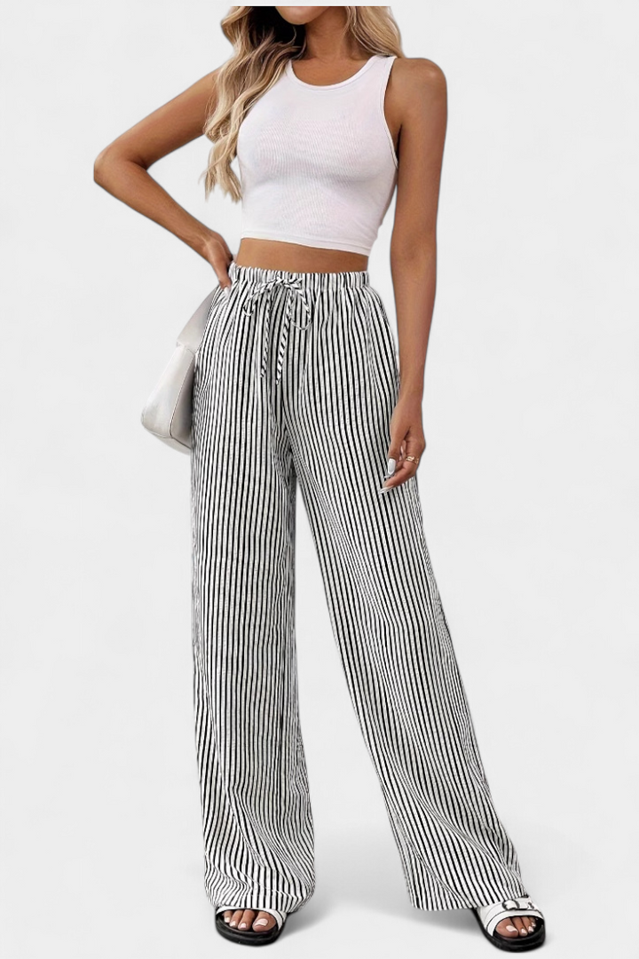 Striped Straight Leg Pants with Adjustable Waist - Lightweight
