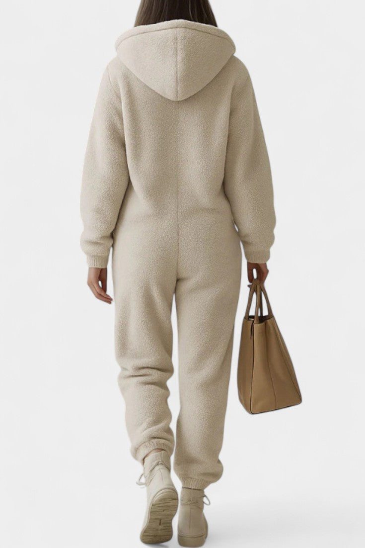 Hooded Plush Jumpsuit with Zip Front for Women