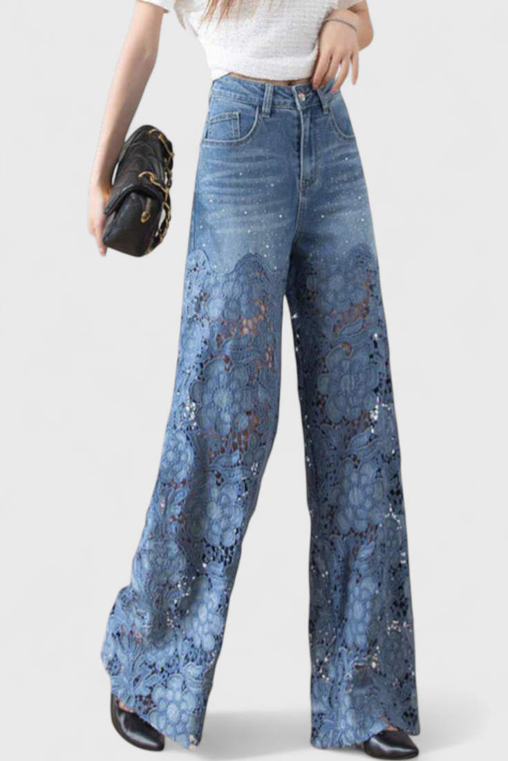 Palazzo Denim Pants with Lace Detail High Waisted Wide Leg