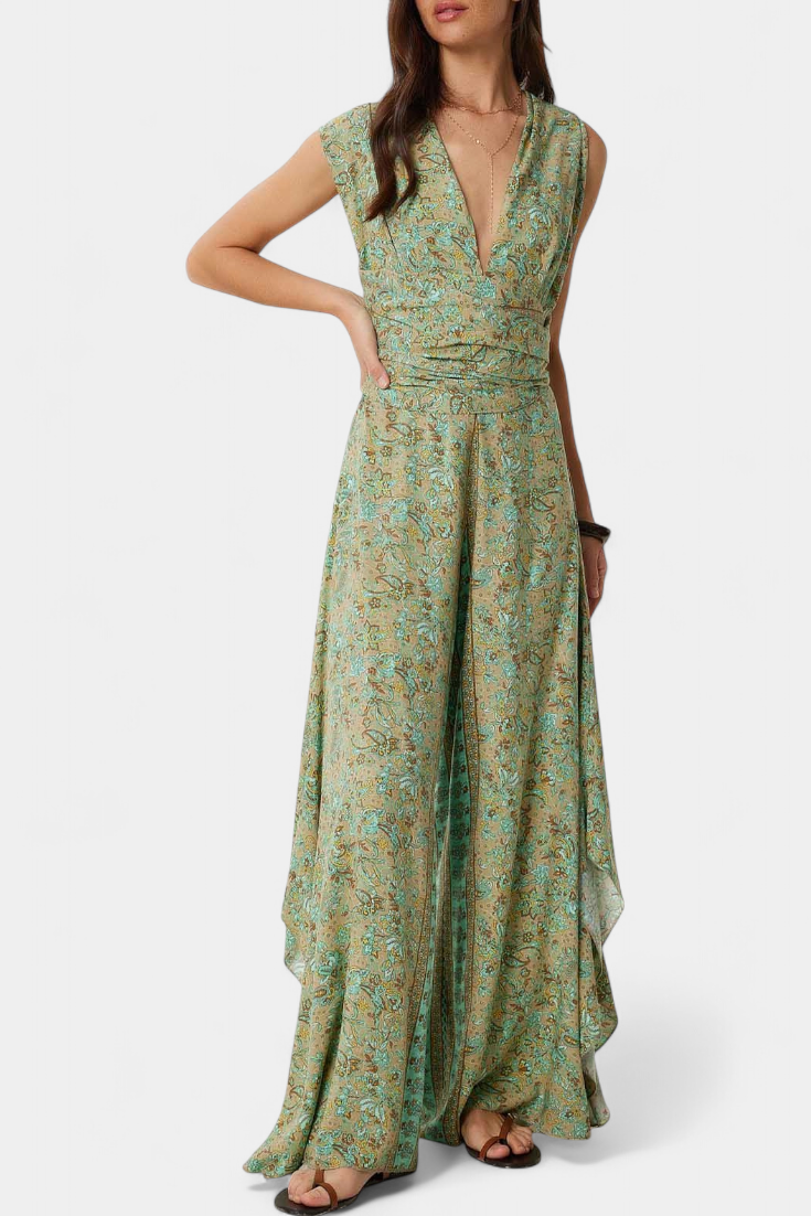 Floral Wrap Jumpsuit Wide Leg with Open Back for Women