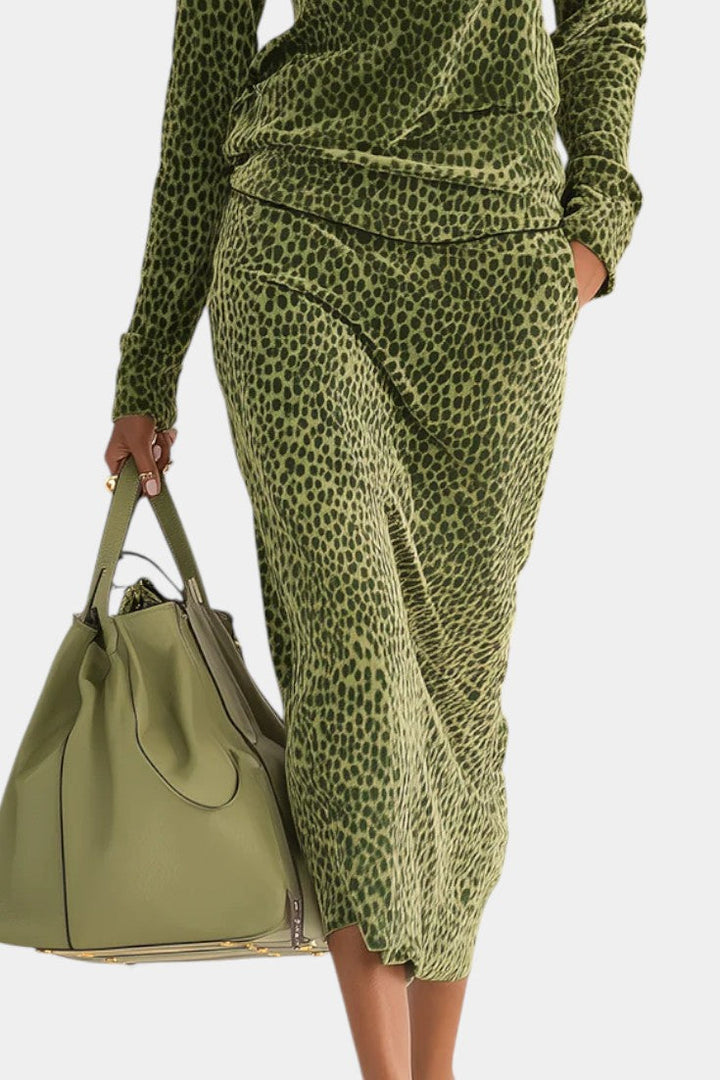 Leopard Print Two Piece Set - High Collar Top and Skirt Outfit