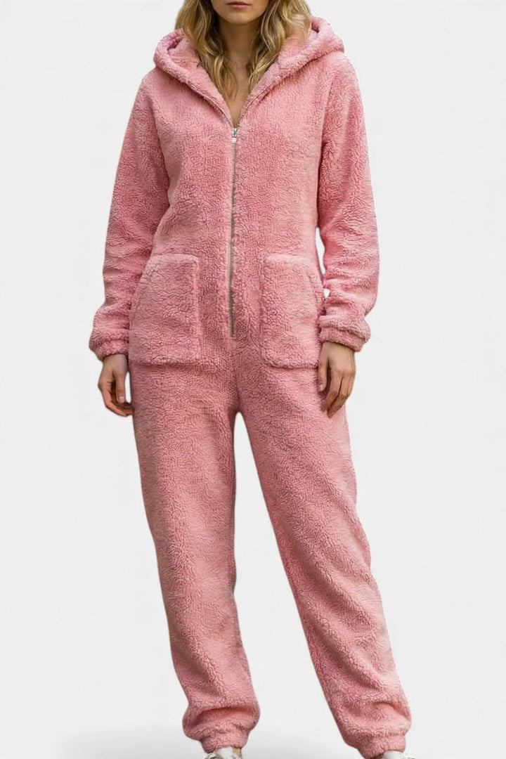 Hooded Plush Jumpsuit with Zip Front for Women