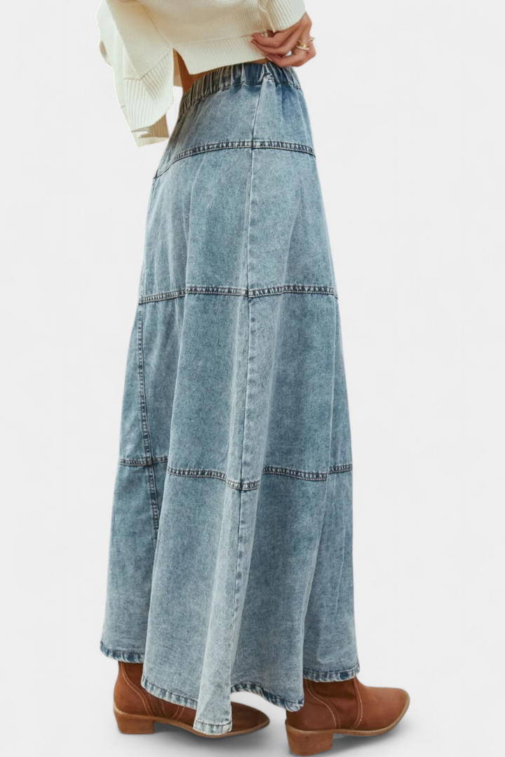 Long Denim Skirt with Feather Trim Detail