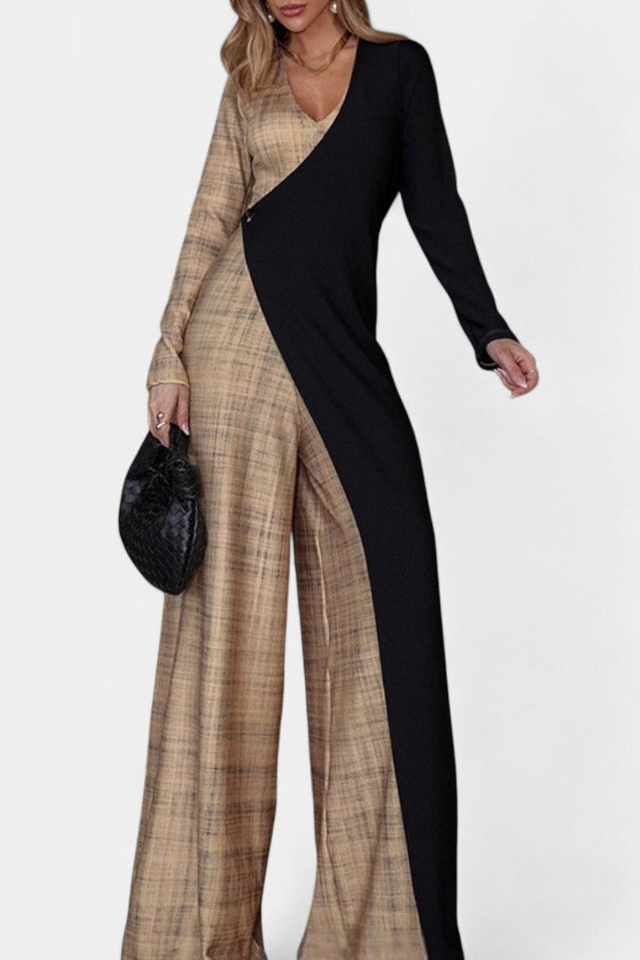 Wide Leg Jumpsuit Colorblock V-Neck for Women