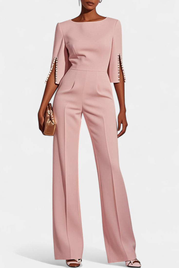 Three-Quarter Sleeve Jumpsuit with Pearl Button Detail