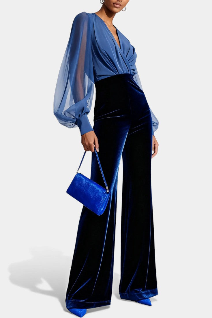Velvet Jumpsuit for Women - V-Neck Long Sleeve Blue Formal Jumpsuit